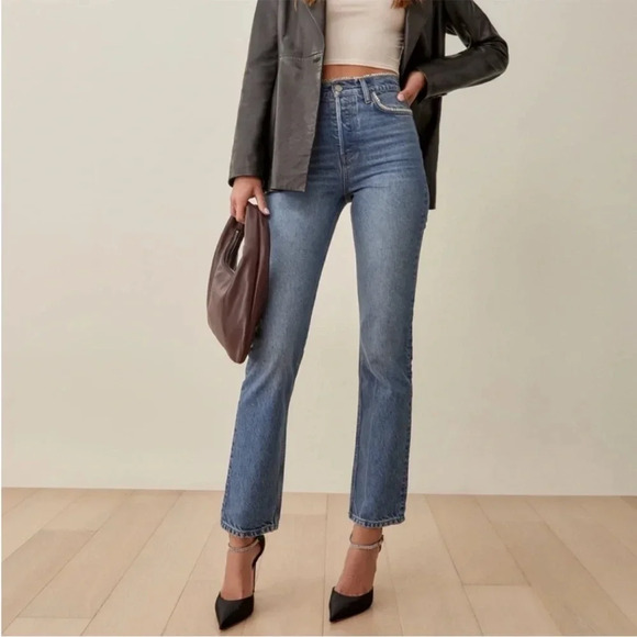 Reformation Stardust Embellished High Rise Straight Jeans Size 24 - Picture 4 of 13
